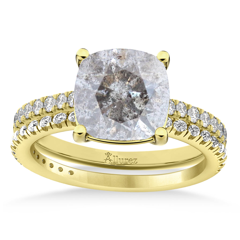 Salt & Pepper & White Diamond Cushion-Set Semi-Eternity Bridal Set 14K Yellow Gold (2.66ct)