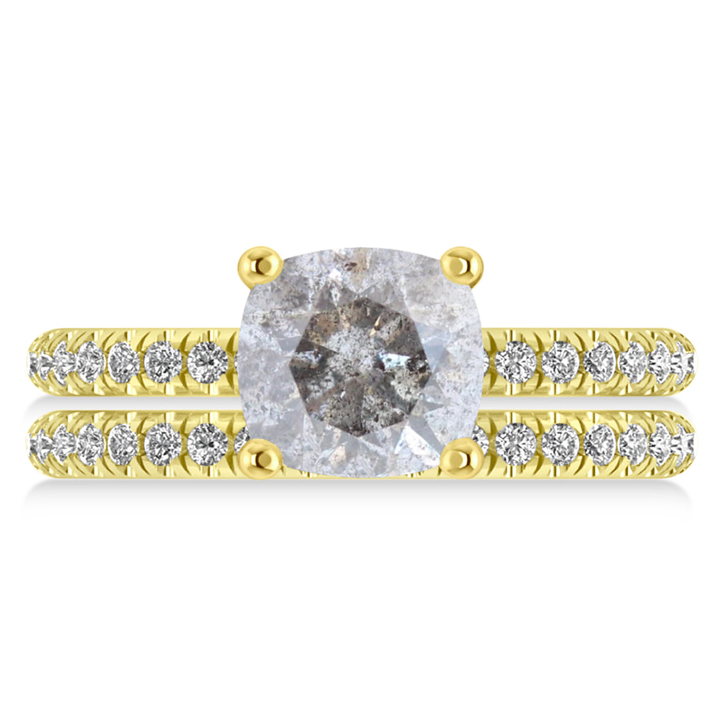 Salt & Pepper & White Diamond Cushion-Set Semi-Eternity Bridal Set 14K Yellow Gold (2.66ct)