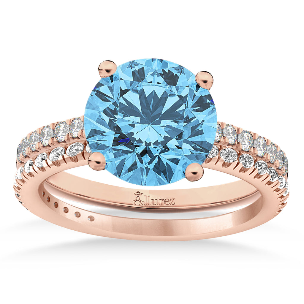 Blue Topaz & Diamond Round-Set Semi-Eternity Bridal Set 14k Rose Gold (3.12ct)