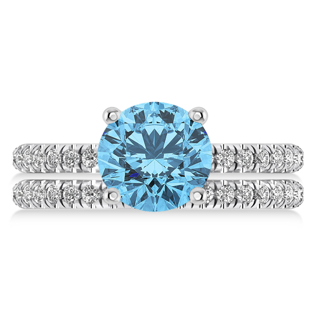 Blue Topaz & Diamond Round-Set Semi-Eternity Bridal Set 18k White Gold (3.12ct)