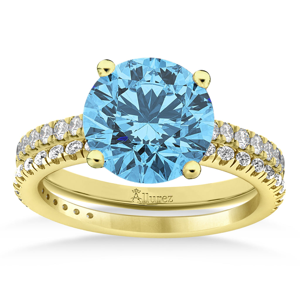 Blue Topaz & Diamond Round-Set Semi-Eternity Bridal Set 18k Yellow Gold (3.12ct)