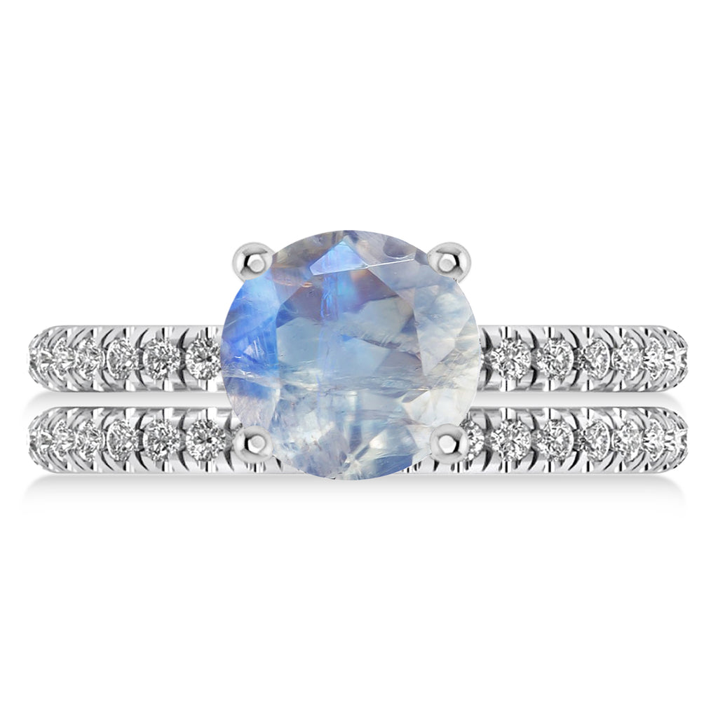 Moonstone & Diamond Round-Set Semi-Eternity Bridal Set 14k White Gold (3.12ct)