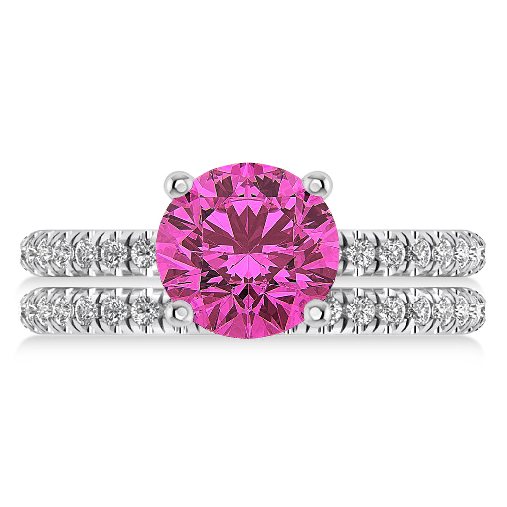 Pink Tourmaline & Diamond Round-Set Semi-Eternity Bridal Set 14k White Gold (2.62ct)