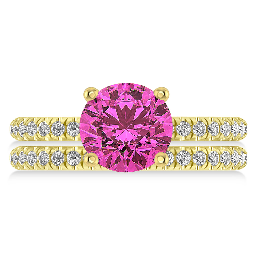 Pink Tourmaline & Diamond Round-Set Semi-Eternity Bridal Set 14k Yellow Gold (2.62ct)