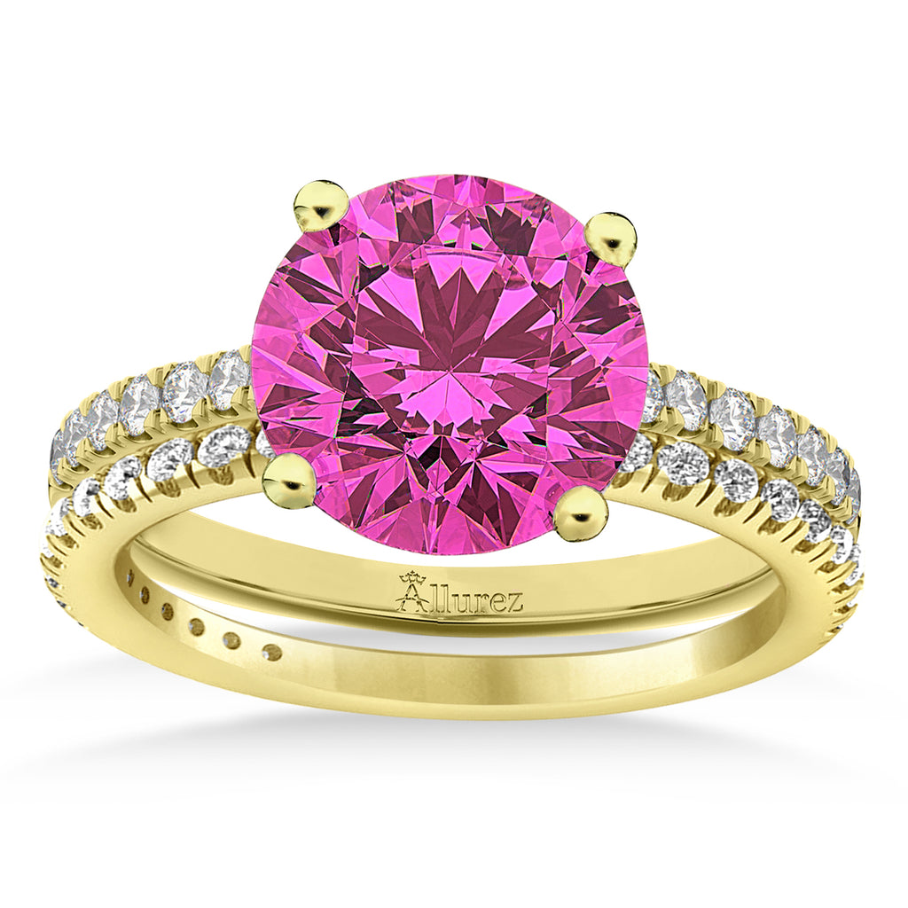 Pink Tourmaline & Diamond Round-Set Semi-Eternity Bridal Set 18k Yellow Gold (2.62ct)