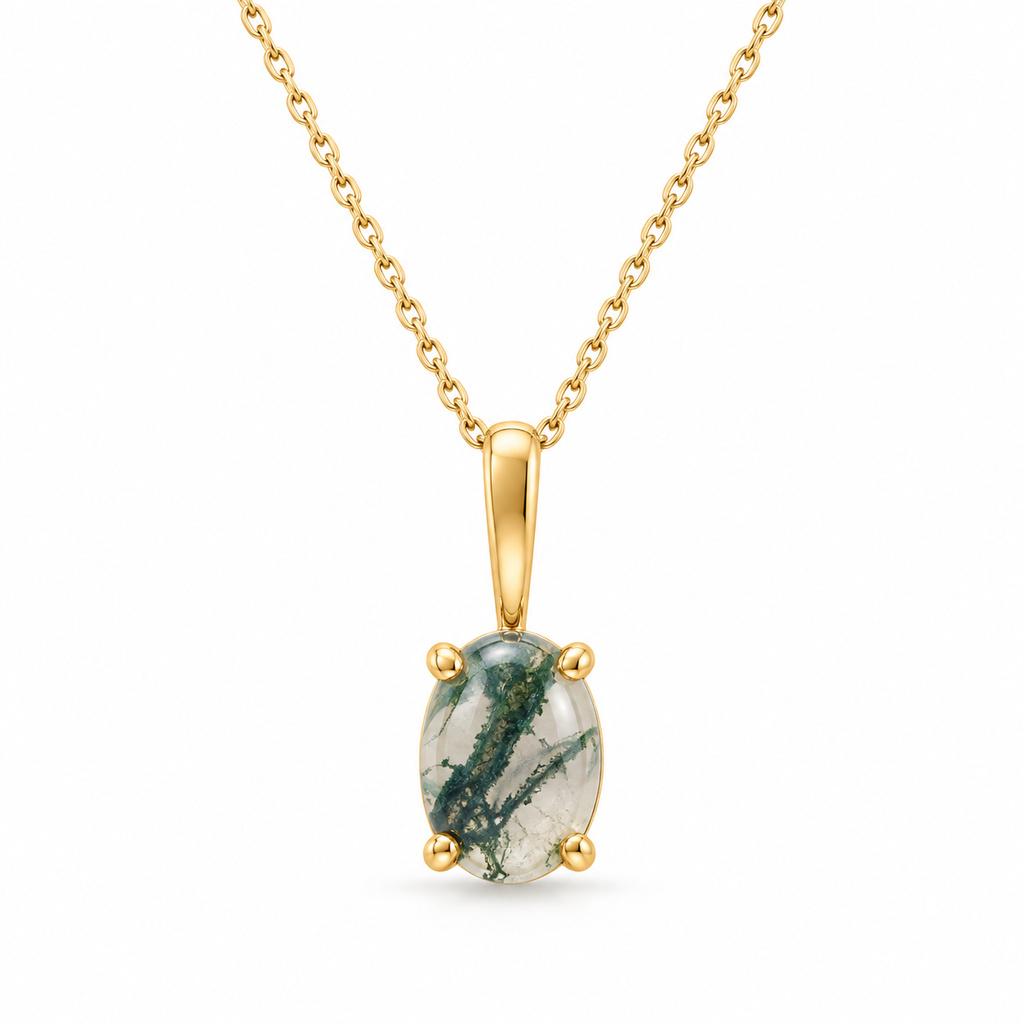 Oval Moss Green Natural Agate Cabochon Pendant Necklace 14K Yellow Gold