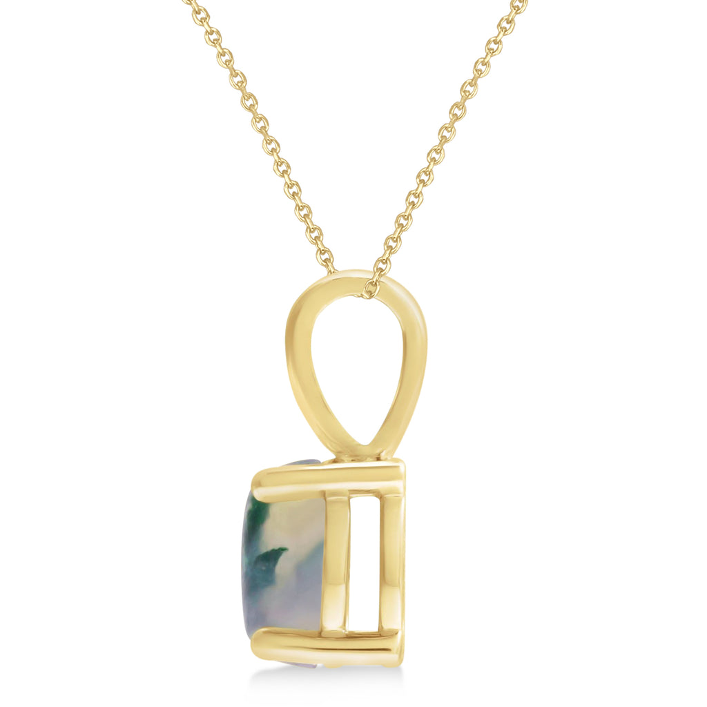 Oval Moss Green Natural Agate Cabochon Pendant Necklace 14K Yellow Gold