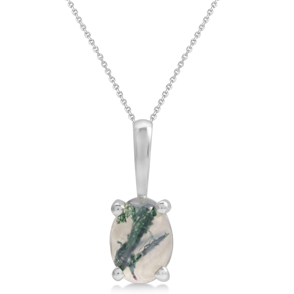 Oval Moss Green Natural Agate Cabochon Pendant Necklace 14K White Gold