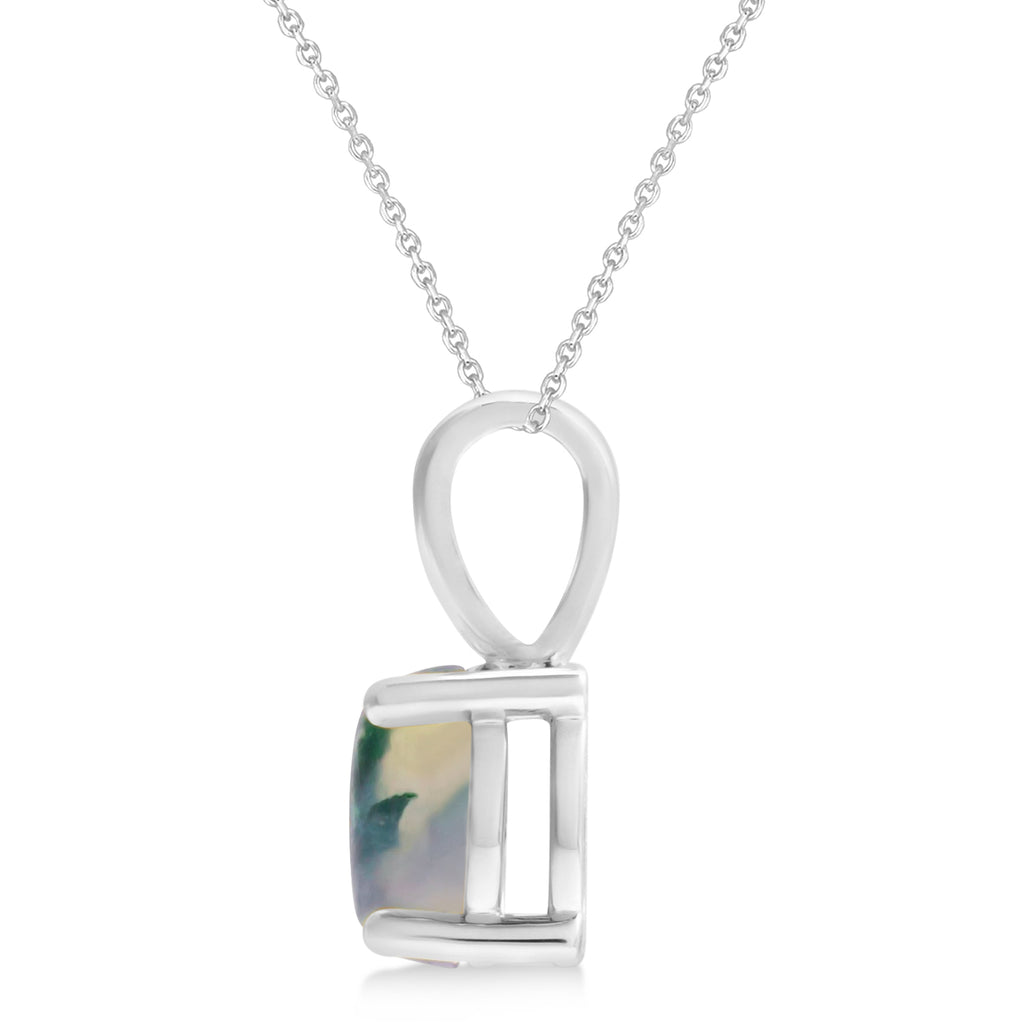 Oval Moss Green Natural Agate Cabochon Pendant Necklace 14K White Gold