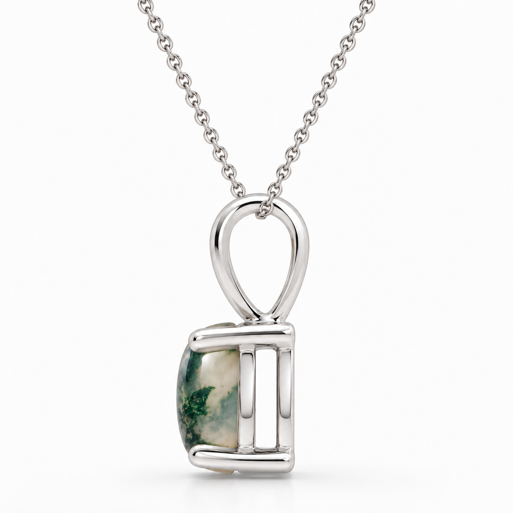 Oval Moss Green Natural Agate Cabochon Pendant Necklace 14K White Gold