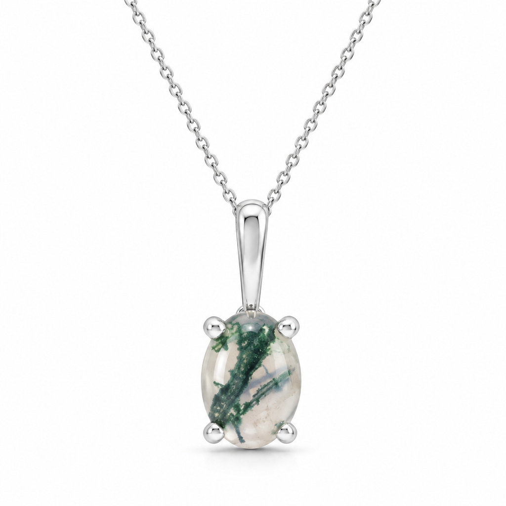Oval Moss Green Natural Agate Cabochon Pendant Necklace Sterling Silver