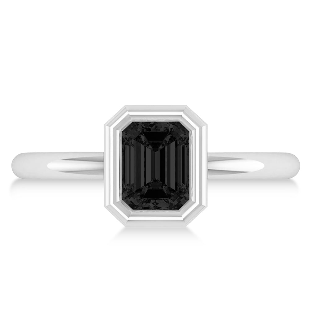 Emerald-Cut Bezel-Set Black Diamond Solitaire Ring 14k White Gold (1.00 ctw)