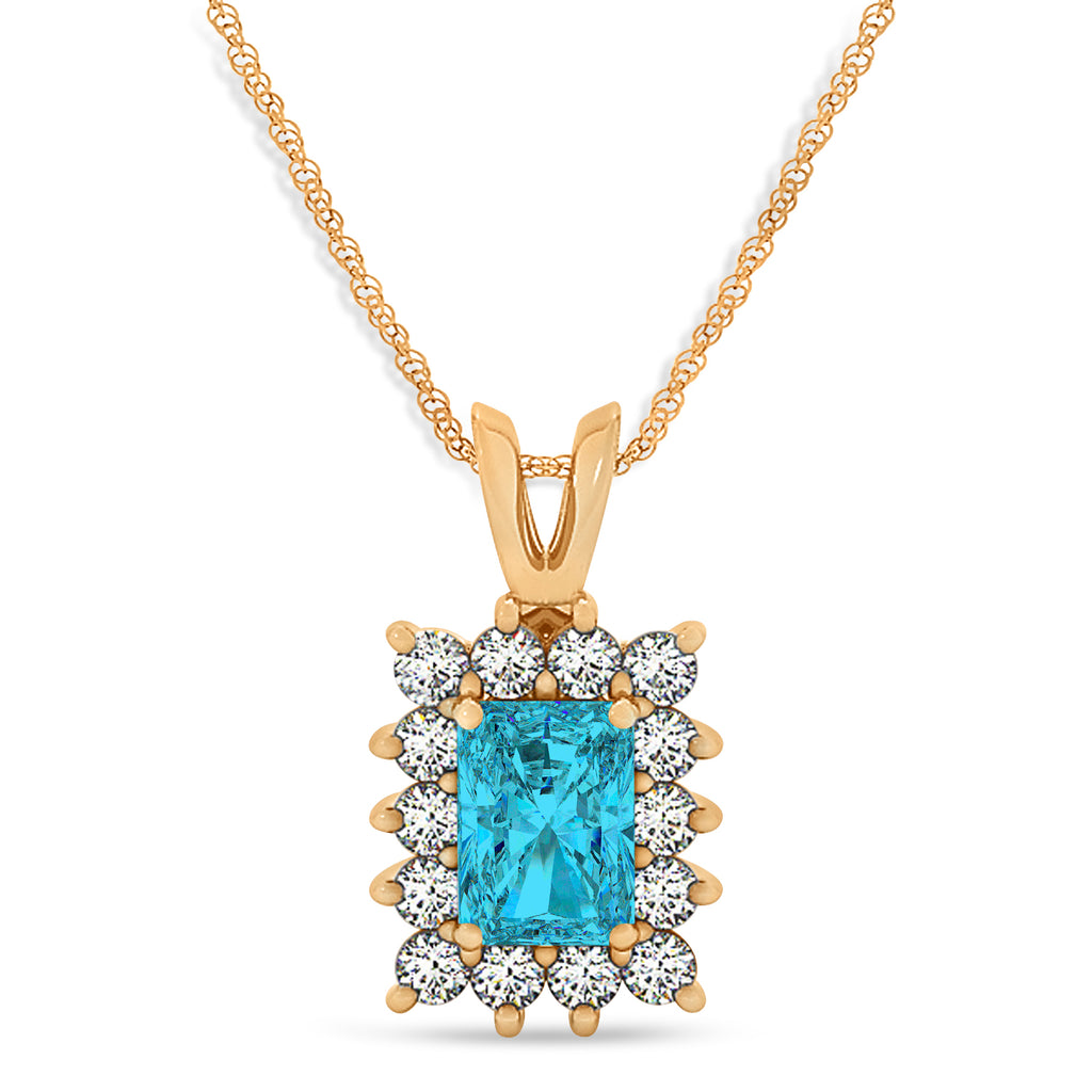 Emerald Shape Blue Diamond & Diamond Pendant Necklace 14k Rose Gold (3.00ct)