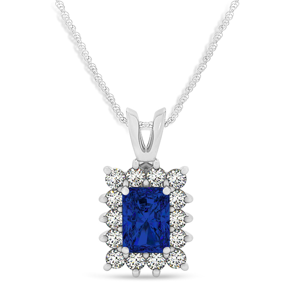Emerald Shape Blue Sapphire & Diamond Pendant Necklace 14k White Gold (2.80ct)