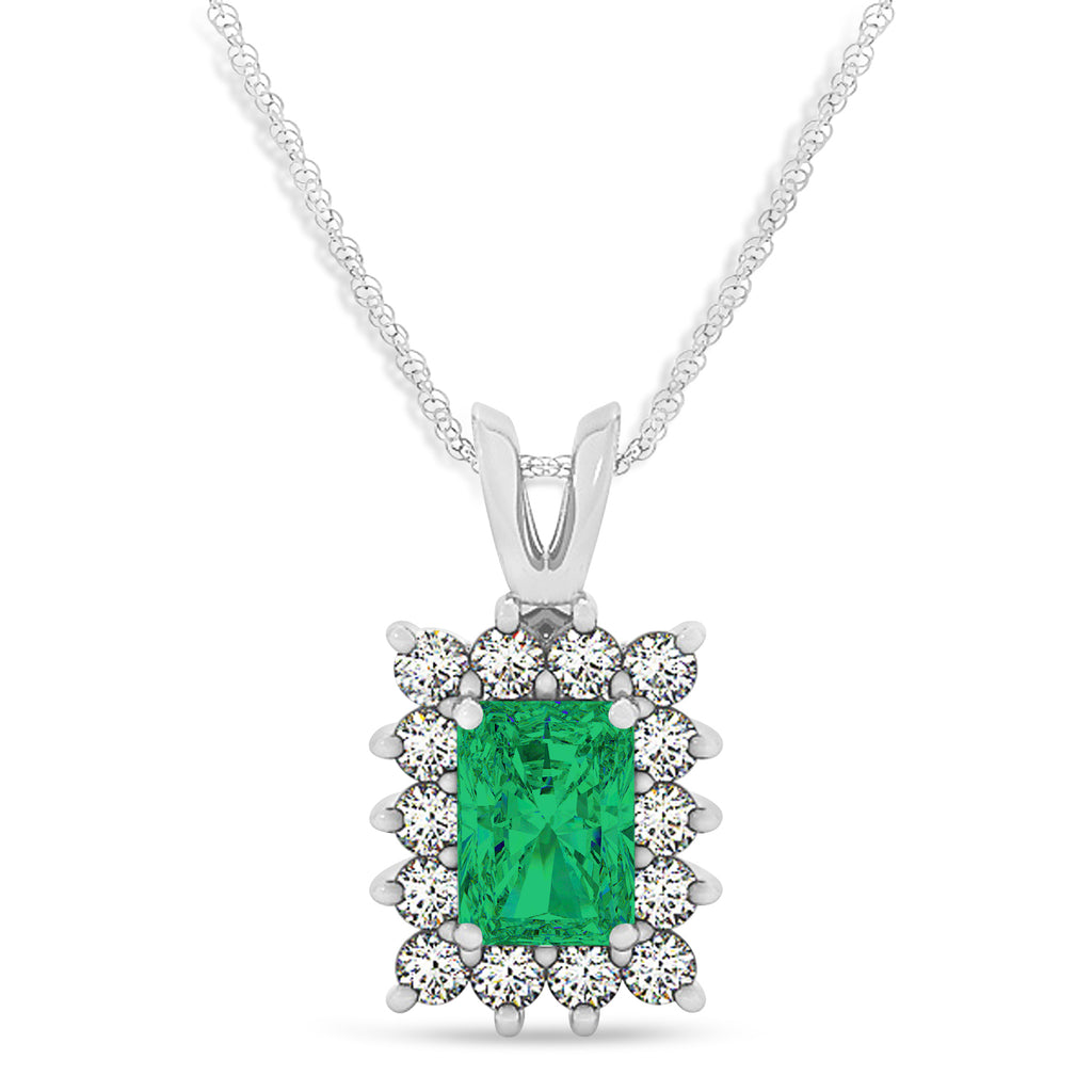 Emerald Shape Emerald & Diamond Pendant Necklace 14k White Gold (2.81ct)