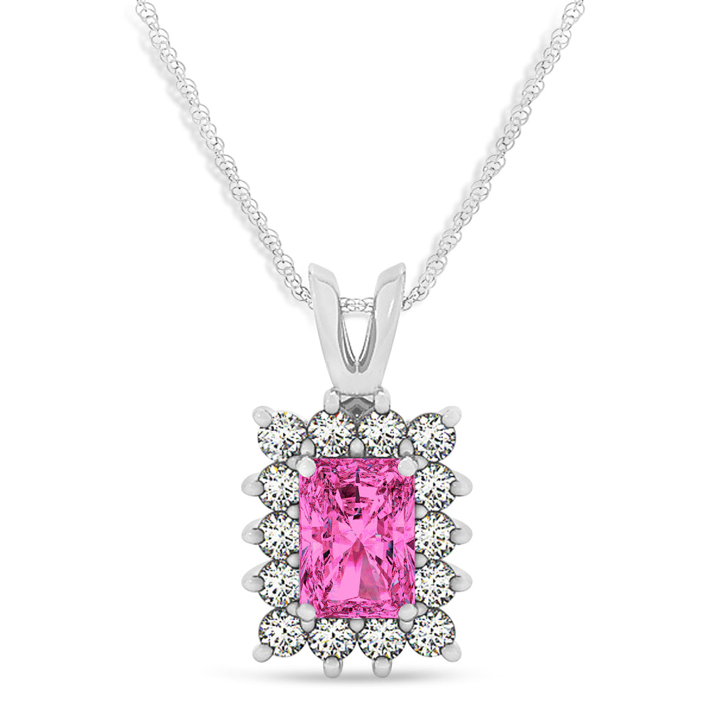 Emerald Shape Pink Topaz & Diamond Pendant Necklace 14k White Gold (3.90ct)
