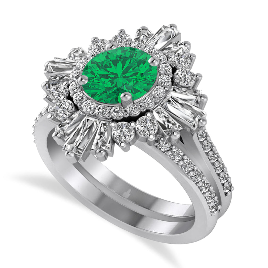 Emerald & Diamond Ballerina Engagement Ring 18k White Gold (2.74 ctw)
