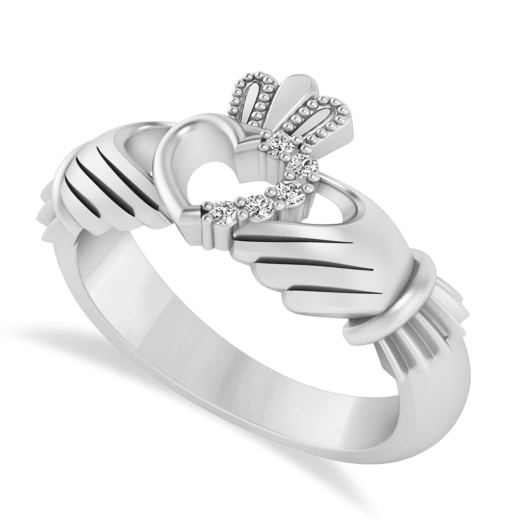 Diamond Claddagh Ladies Ring with Hollow Heart 14k White Gold (0.05ct)