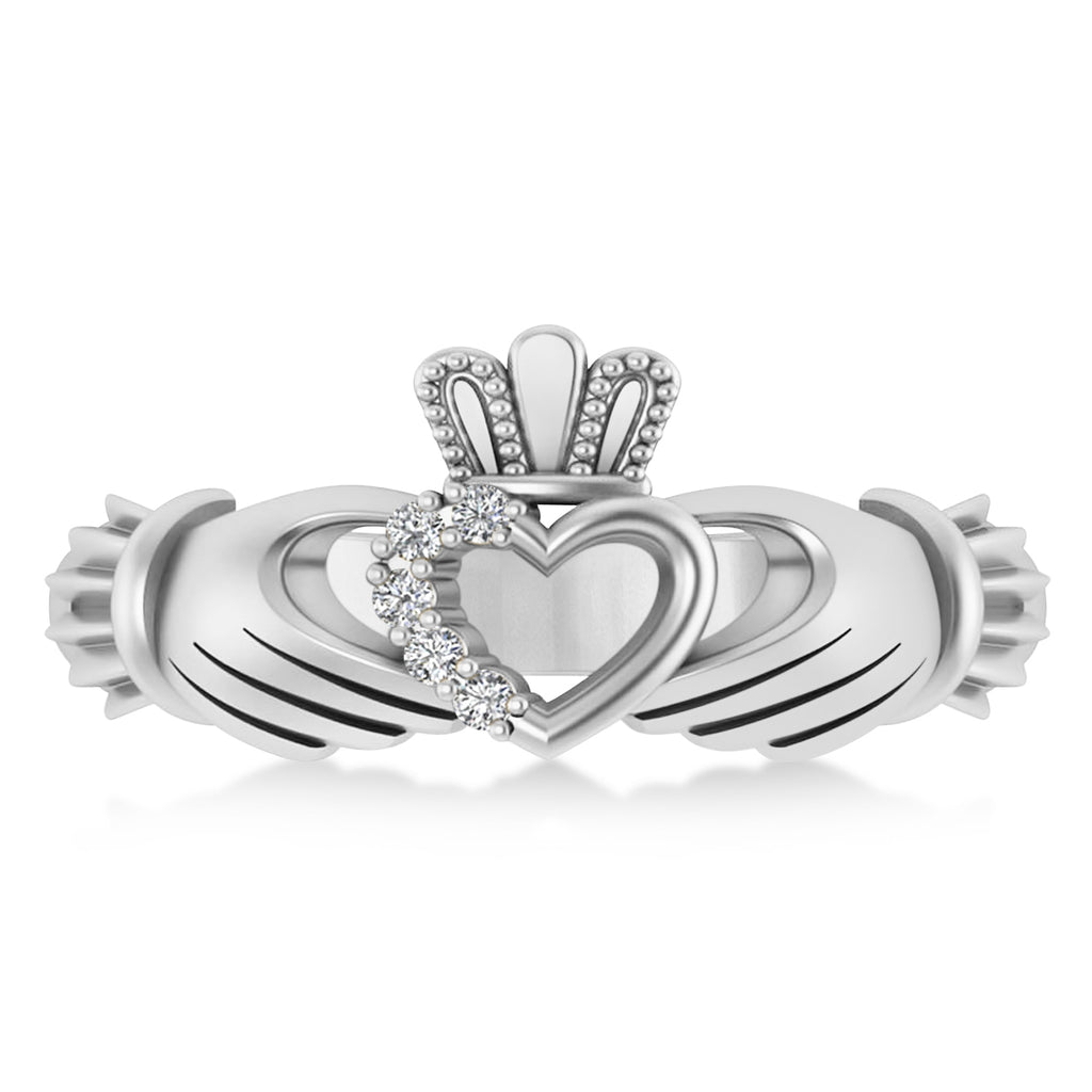 Diamond Claddagh Ladies Ring with Hollow Heart 14k White Gold (0.05ct)