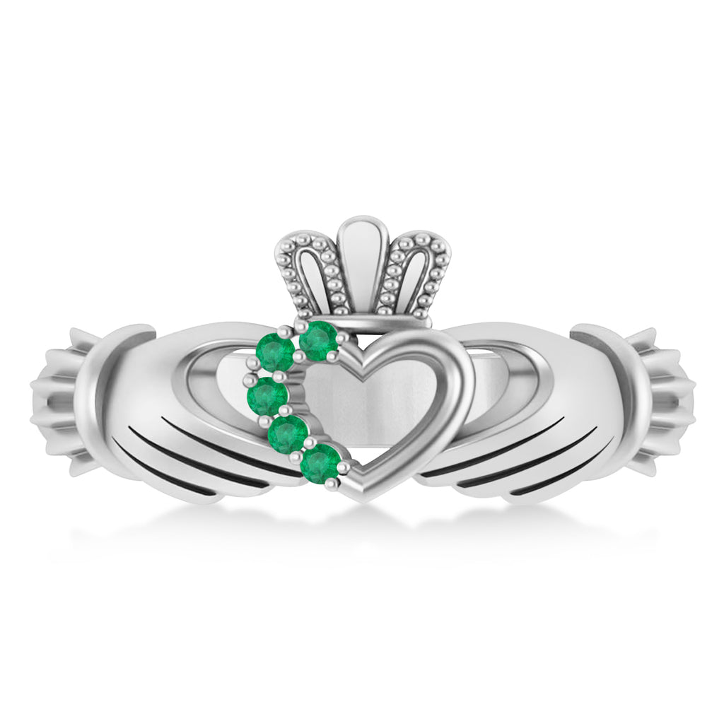Emerald Claddagh Ladies Ring with Hollow Heart 14k White Gold (0.05ct)