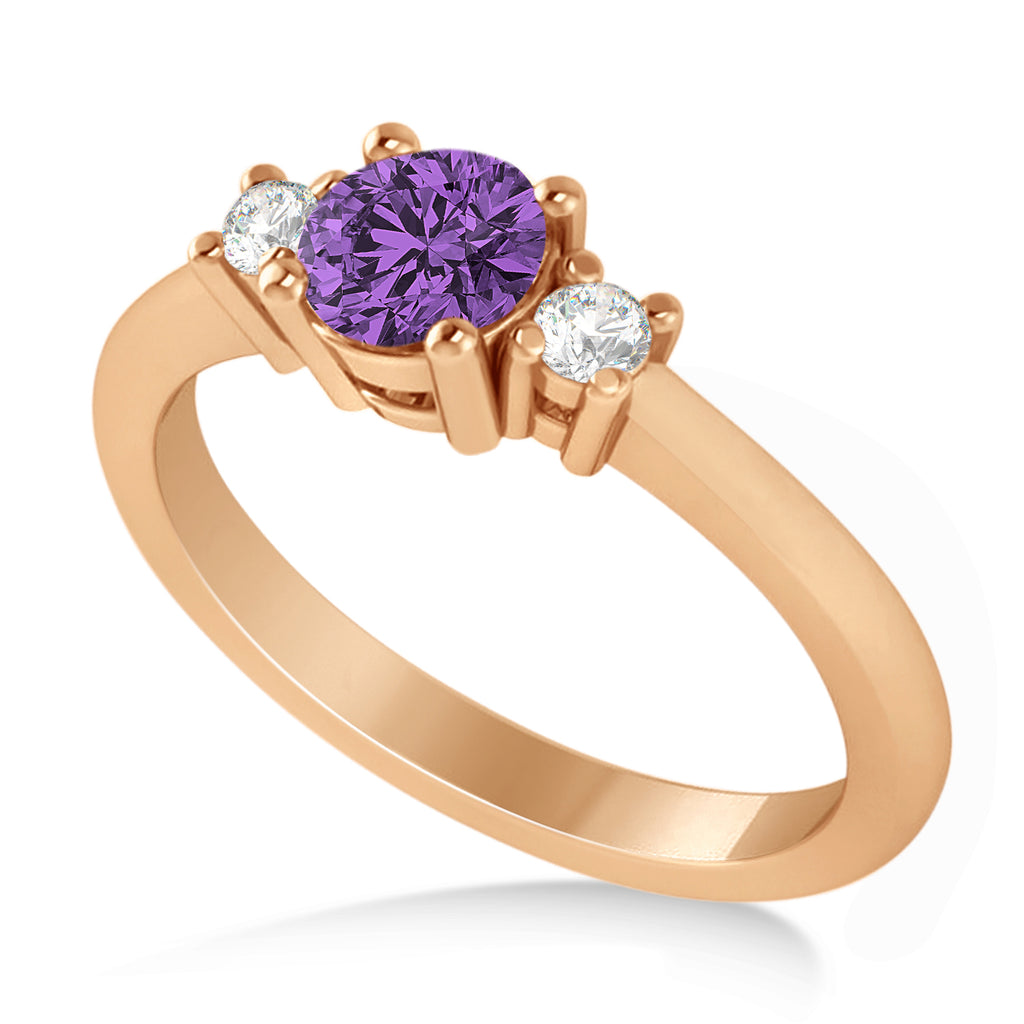 Round Amethyst & Diamond Three-Stone Engagement Ring 14k Rose Gold (0.60ct)