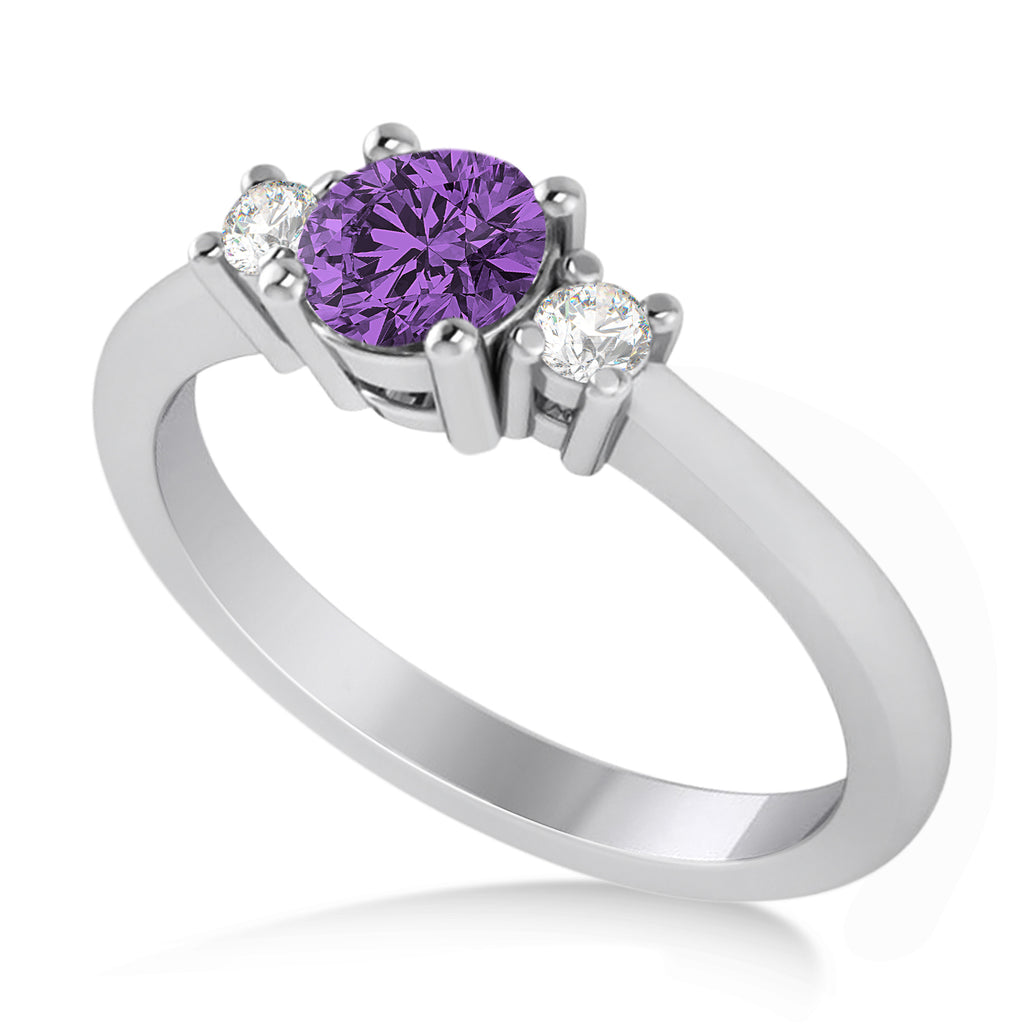 Round Amethyst & Diamond Three-Stone Engagement Ring 14k White Gold (0.60ct)