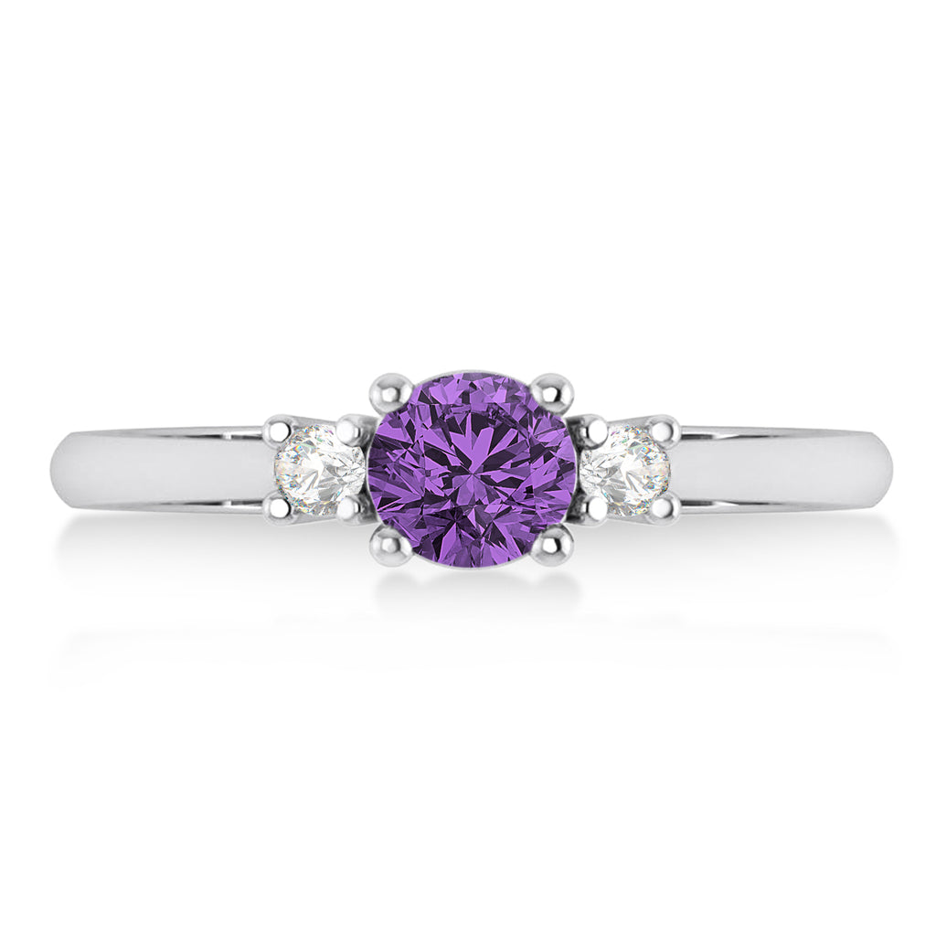 Round Amethyst & Diamond Three-Stone Engagement Ring 14k White Gold (0.60ct)