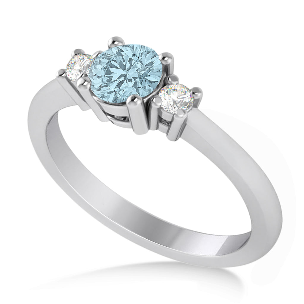 Round Aquamarine & Diamond Three-Stone Engagement Ring 14k White Gold (0.60ct)