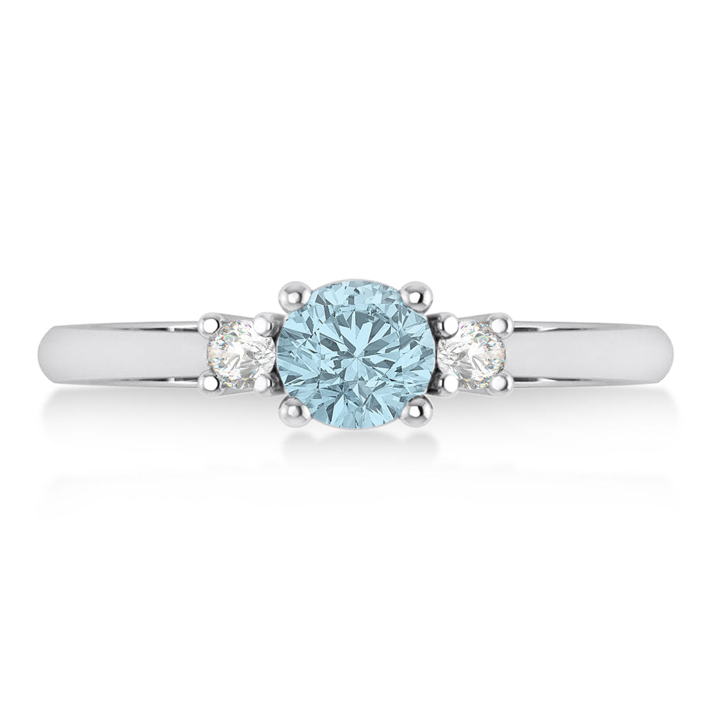 Round Aquamarine & Diamond Three-Stone Engagement Ring 14k White Gold (0.60ct)