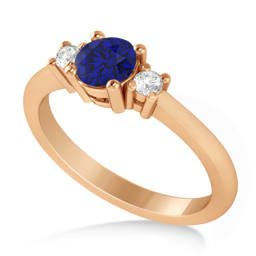 Round Blue Sapphire & Diamond Three-Stone Engagement Ring 14k Rose Gold (0.60ct)