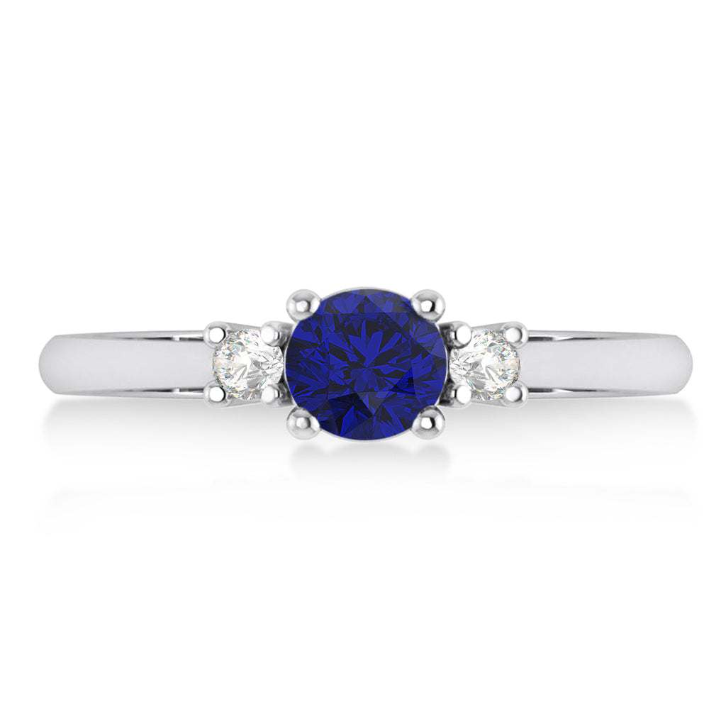 Round Blue Sapphire & Diamond Three-Stone Engagement Ring 14k White Gold (0.60ct)