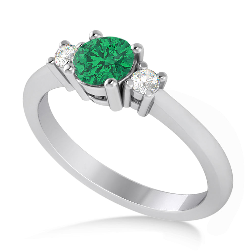 Round Emerald & Diamond Three-Stone Engagement Ring 14k White Gold (0.60ct)