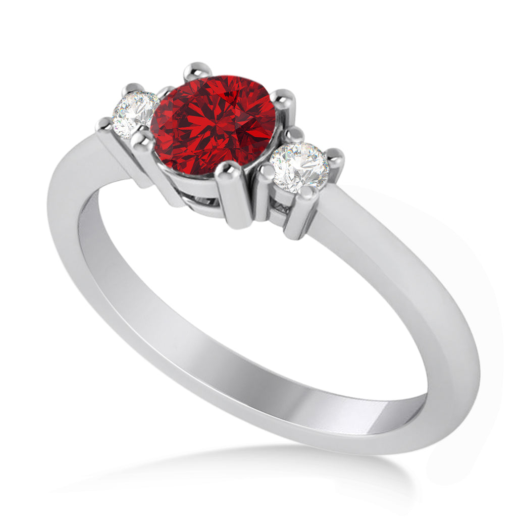 Round Ruby & Diamond Three-Stone Engagement Ring 14k White Gold (0.60ct)