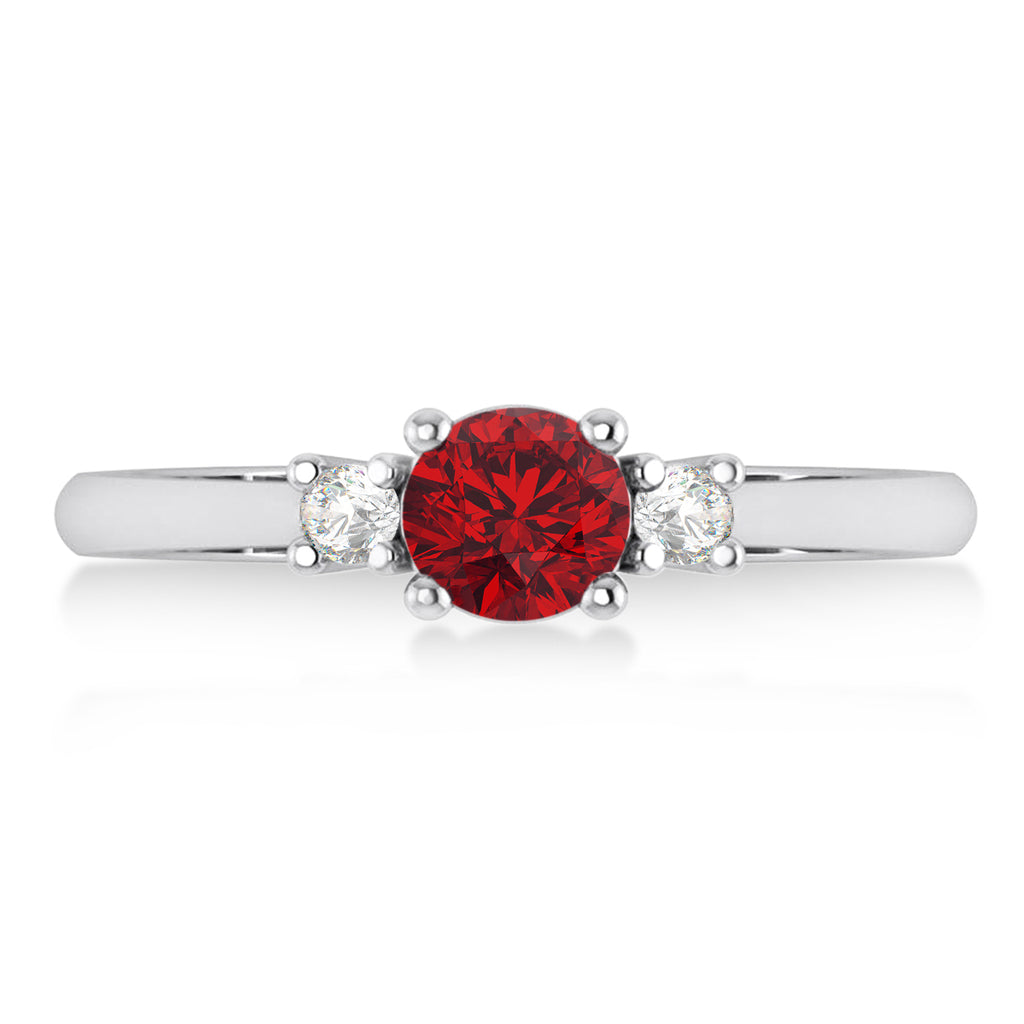 Round Ruby & Diamond Three-Stone Engagement Ring 14k White Gold (0.60ct)