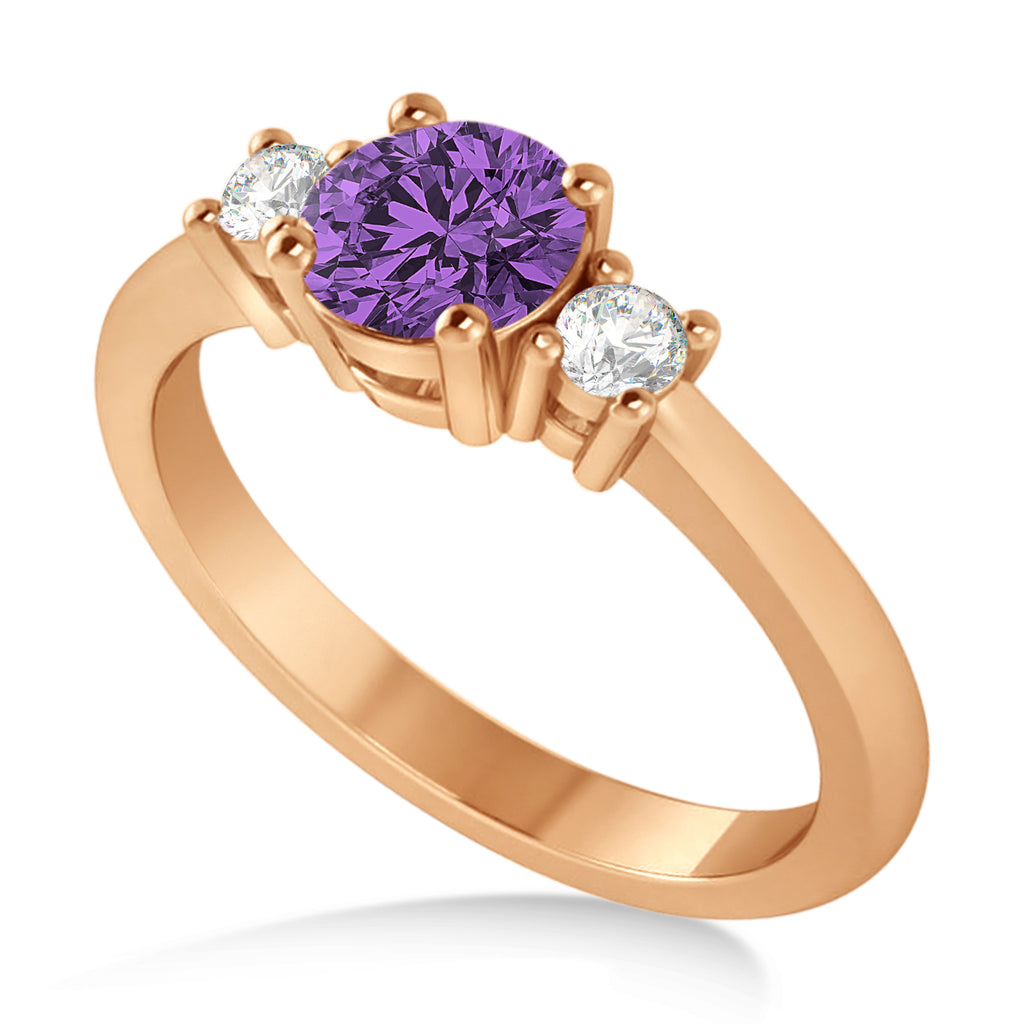 Round Amethyst & Diamond Three-Stone Engagement Ring 14k Rose Gold (0.89ct)