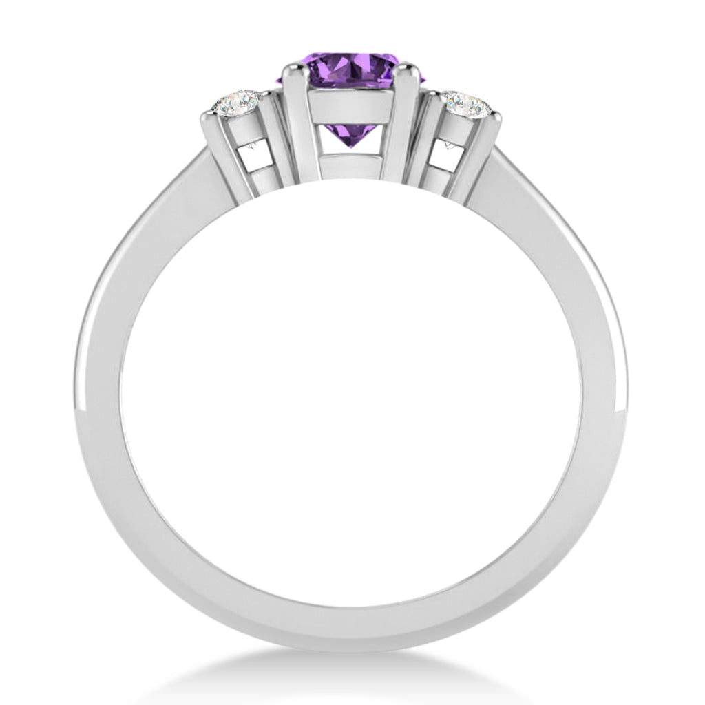 Round Amethyst & Diamond Three-Stone Engagement Ring 14k White Gold (0.89ct)