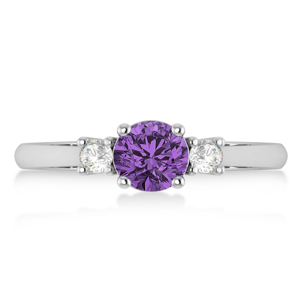 Round Amethyst & Diamond Three-Stone Engagement Ring 14k White Gold (0.89ct)