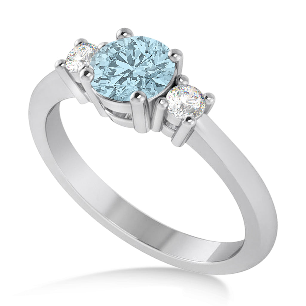 Round Aquamarine & Diamond Three-Stone Engagement Ring 14k White Gold (0.89ct)