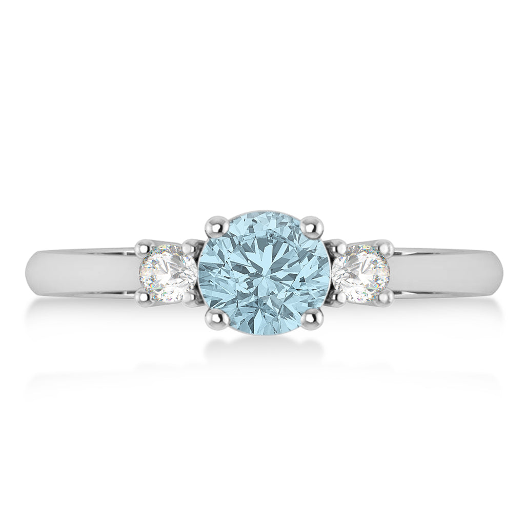 Round Aquamarine & Diamond Three-Stone Engagement Ring 14k White Gold (0.89ct)