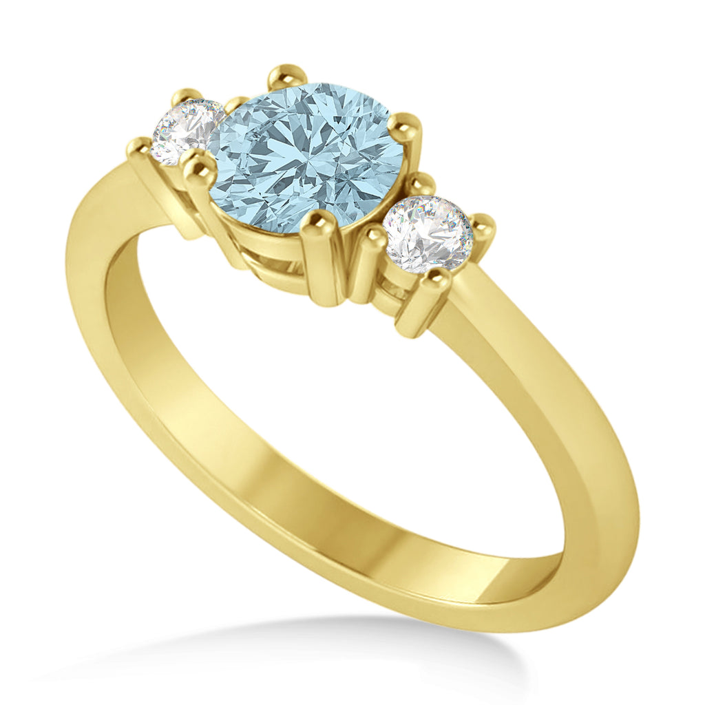 Round Aquamarine & Diamond Three-Stone Engagement Ring 14k Yellow Gold (0.89ct)