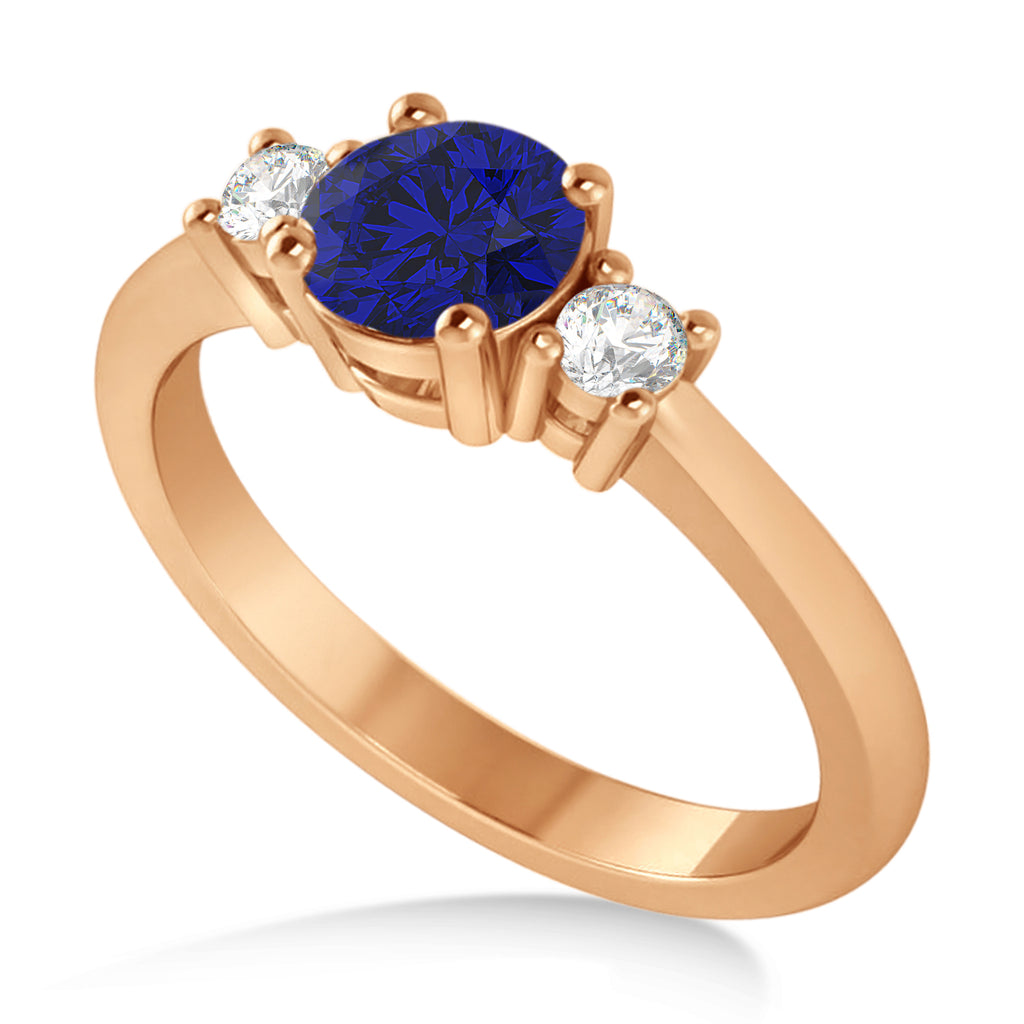 Round Blue Sapphire & Diamond Three-Stone Engagement Ring 14k Rose Gold (0.89ct)