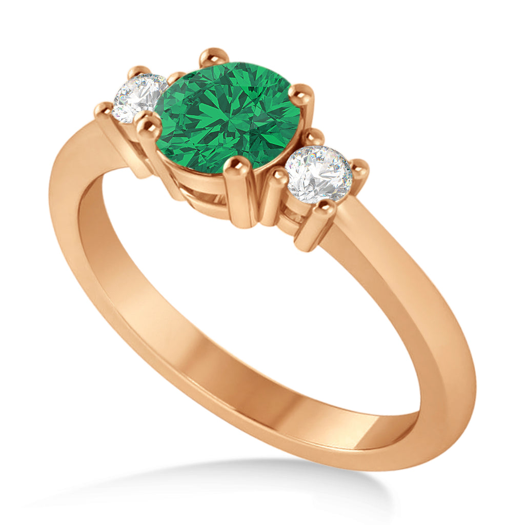 Round Emerald & Diamond Three-Stone Engagement Ring 14k Rose Gold (0.89ct)