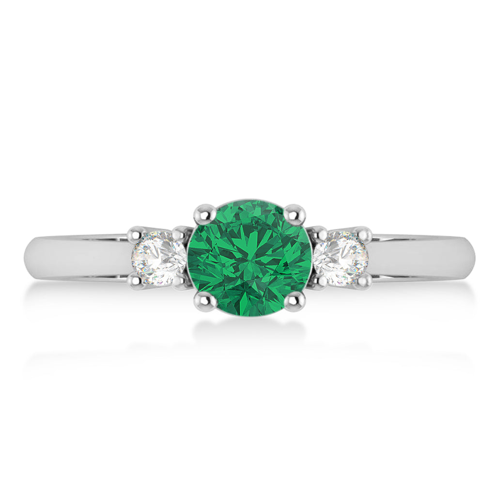 Round Emerald & Diamond Three-Stone Engagement Ring 14k White Gold (0.89ct)