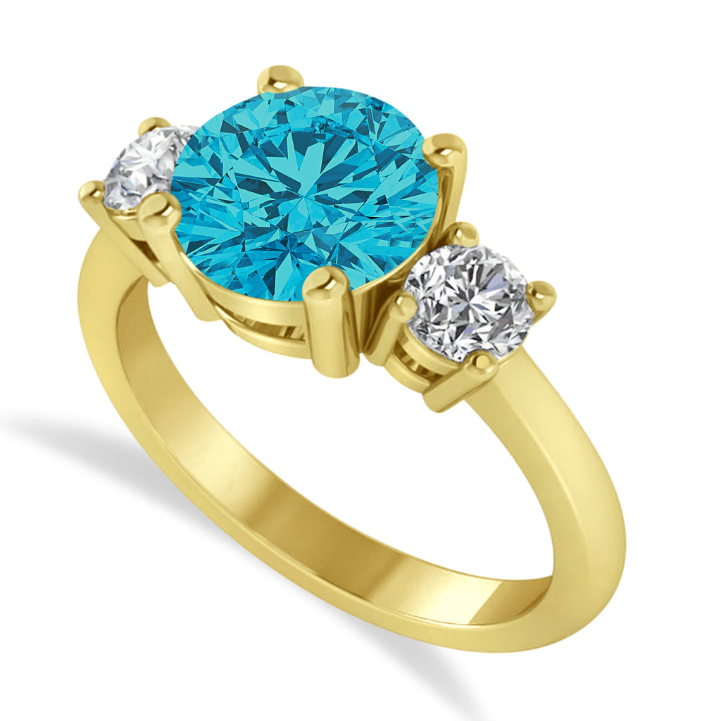Round 3-Stone Blue & White Diamond Engagement Ring 14k Yellow Gold (2.50ct)