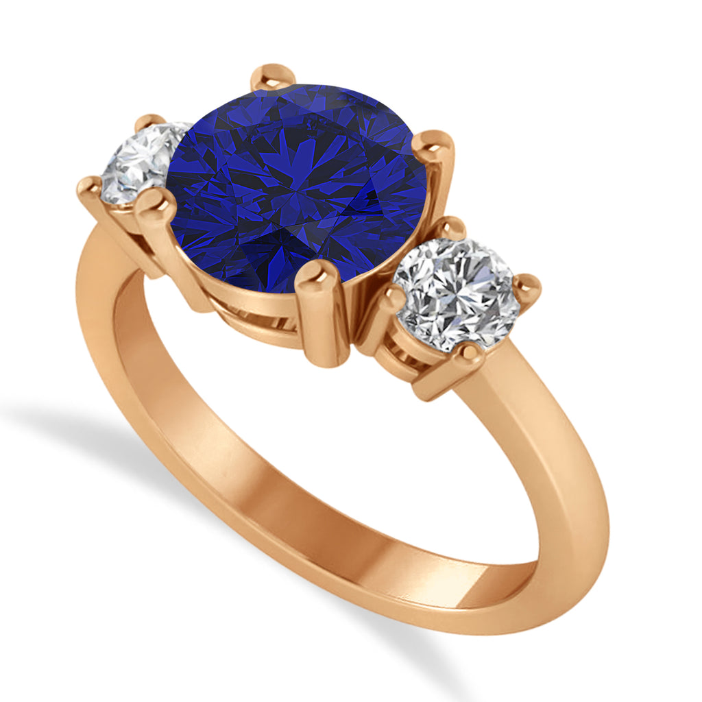 Round 3-Stone Blue Sapphire & Diamond Engagement Ring 14k Rose Gold (2.50ct)