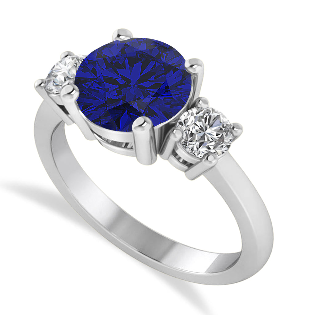 Round 3-Stone Blue Sapphire & Diamond Engagement Ring 14k White Gold (2.50ct)