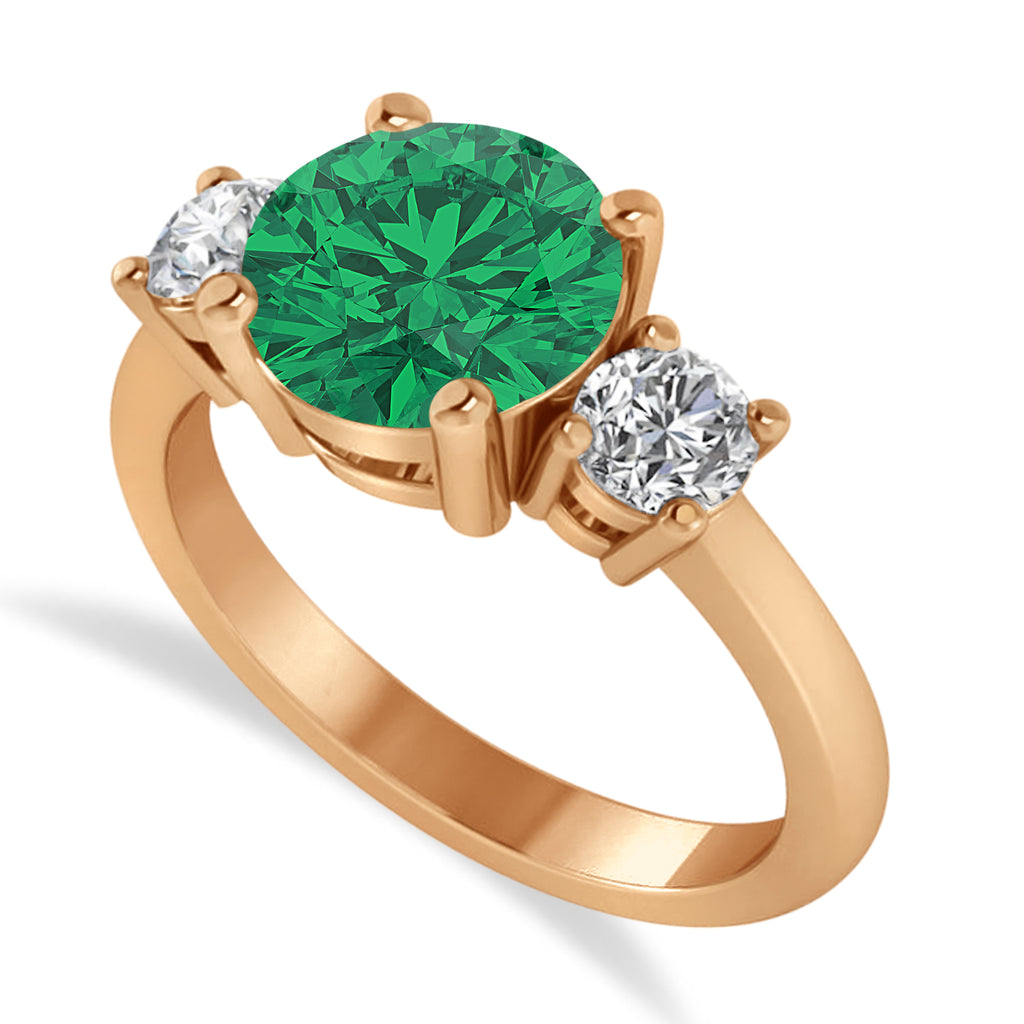 Round 3-Stone Emerald & Diamond Engagement Ring 14k Rose Gold (2.50ct)