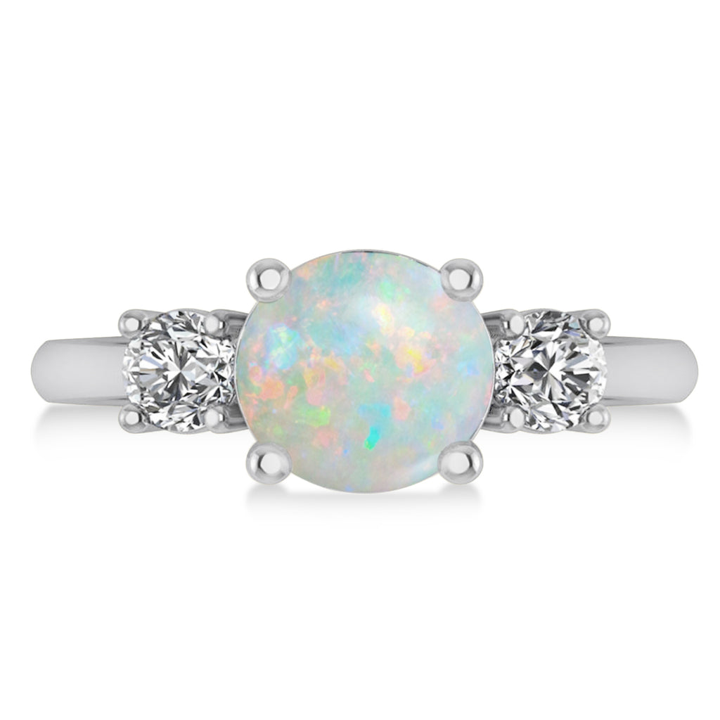 Round 3-Stone Opal & Diamond Engagement Ring 14k White Gold (2.50ct)