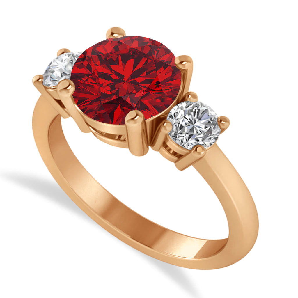 Round 3-Stone Ruby & Diamond Engagement Ring 14k Rose Gold (2.50ct)