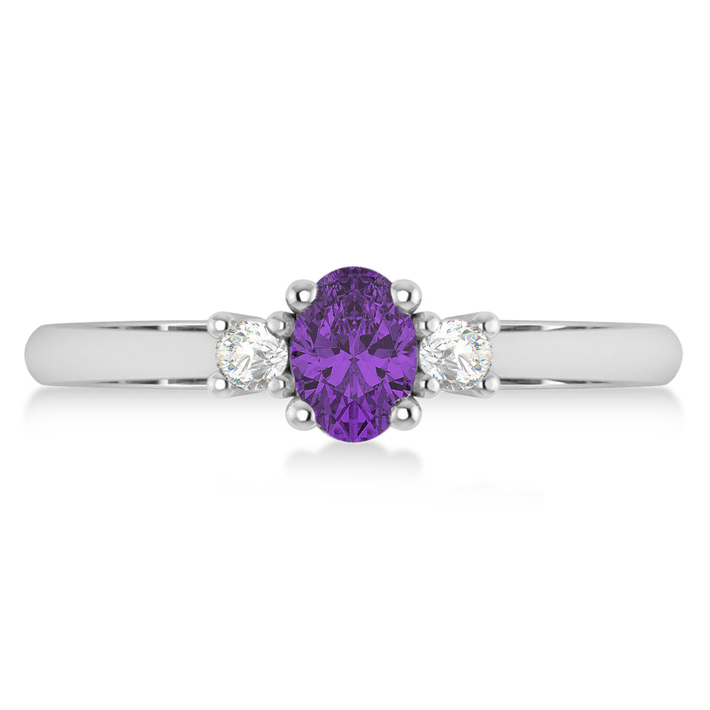 Small Oval Amethyst & Diamond Three-Stone Engagement Ring 14k White Gold (0.60ct)